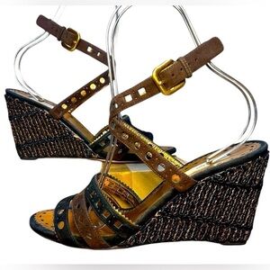 PRADA suede brown and black leather and raffia wedge sandals. Authentic! 🖤💛🤎